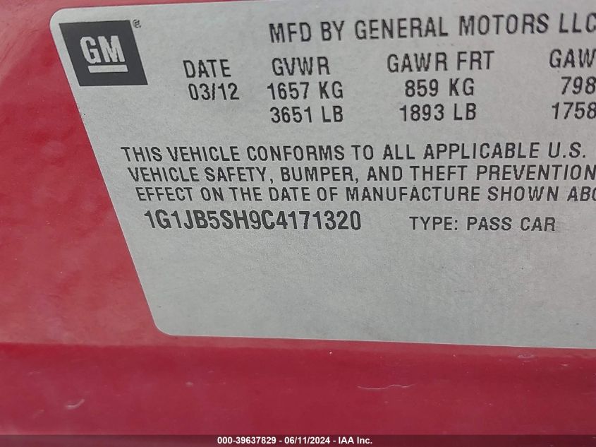 2012 Chevrolet Sonic 1Ls VIN: 1G1JB5SH9C4171320 Lot: 39637829