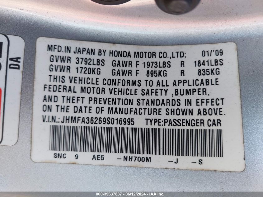 2009 Honda Civic Hybrid VIN: JHMFA36269S016995 Lot: 39637837