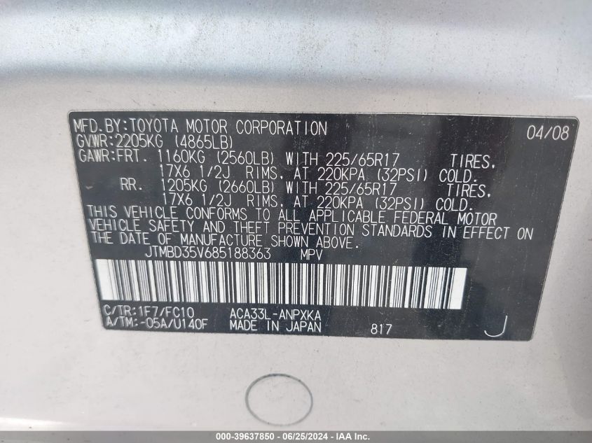 2008 Toyota Rav4 VIN: JTMBD35V685188363 Lot: 39637850