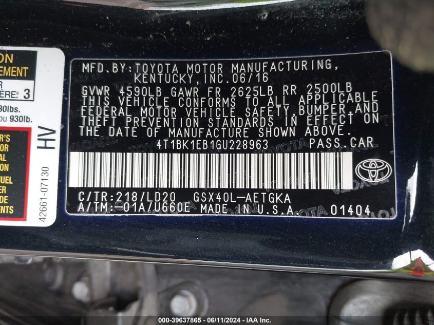 2016 Toyota Avalon Xle VIN: 4T1BK1EB1GU228963 Lot: 39637865