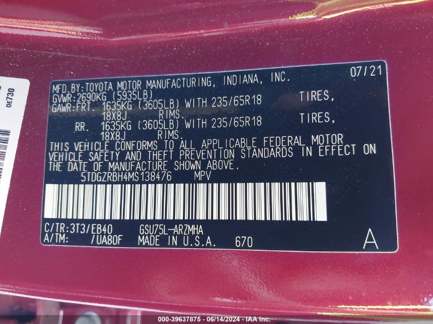 2021 Toyota Highlander Xle VIN: 5TDGZRBH4MS138476 Lot: 39637875