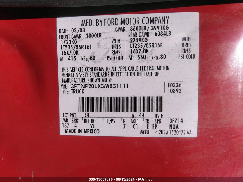 2003 Ford F-250 VIN: 3FTNF20LX3MB31111 Lot: 39637876