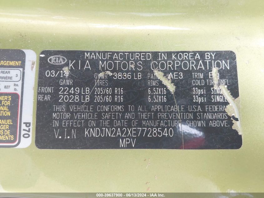 2014 Kia Soul VIN: KNDJN2A2XE7728540 Lot: 39637900