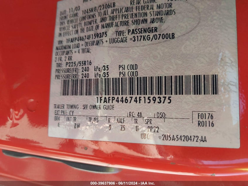 2004 Ford Mustang VIN: 1FAFP44674F159375 Lot: 39637906