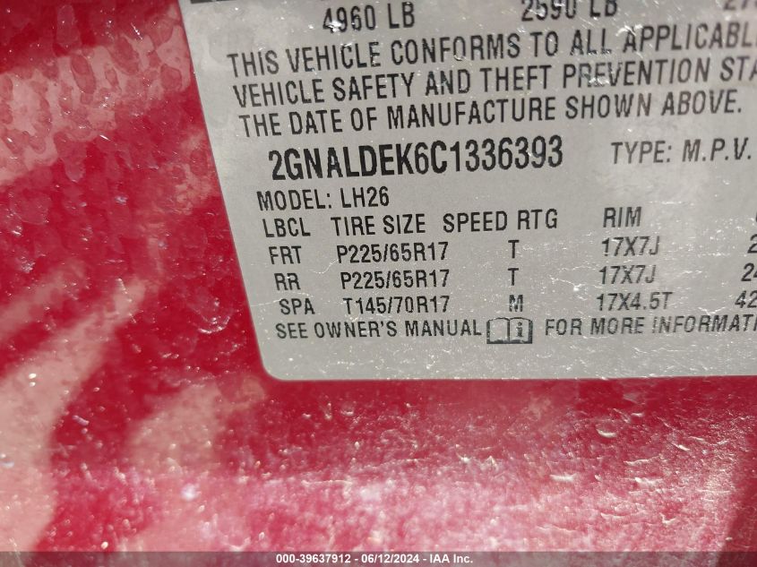 2012 Chevrolet Equinox 1Lt VIN: 2GNALDEK6C1336393 Lot: 39637912