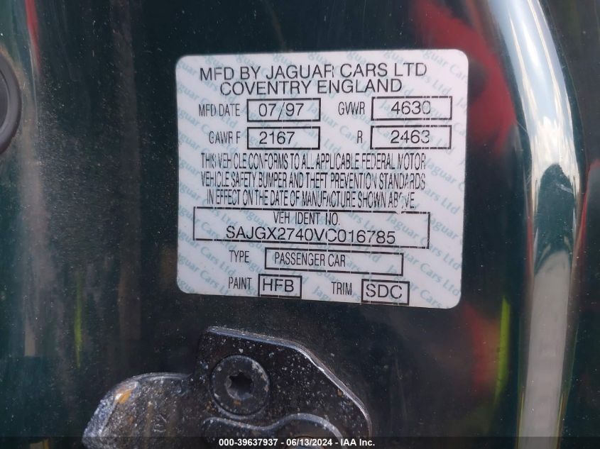 1997 Jaguar Xk8 VIN: SAJGX2740VC016785 Lot: 39637937