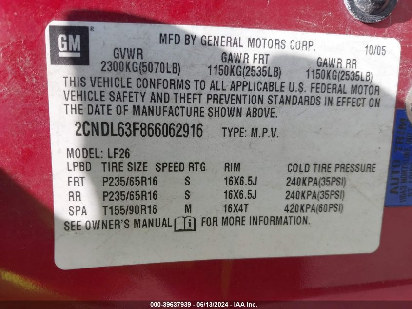 2006 Chevrolet Equinox Lt VIN: 2CNDL63F866062916 Lot: 39637939