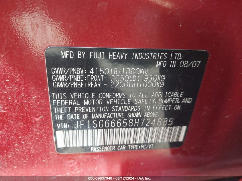 2008 Subaru Forester Sports 2.5X VIN: JF1SG66658H724885 Lot: 39637940