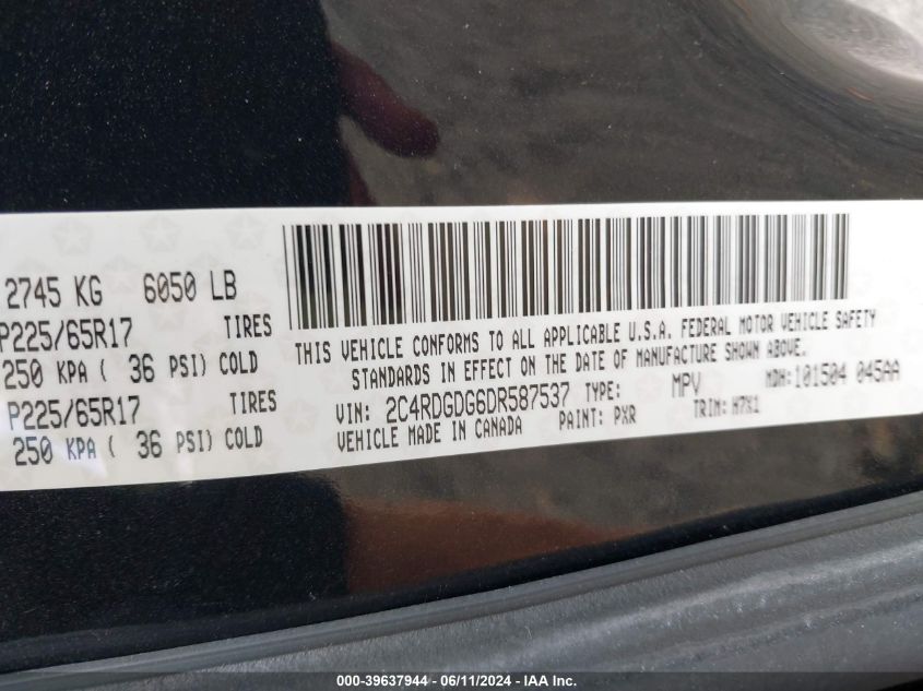 2013 Dodge Grand Caravan Crew VIN: 2C4RDGDG6DR587537 Lot: 39637944