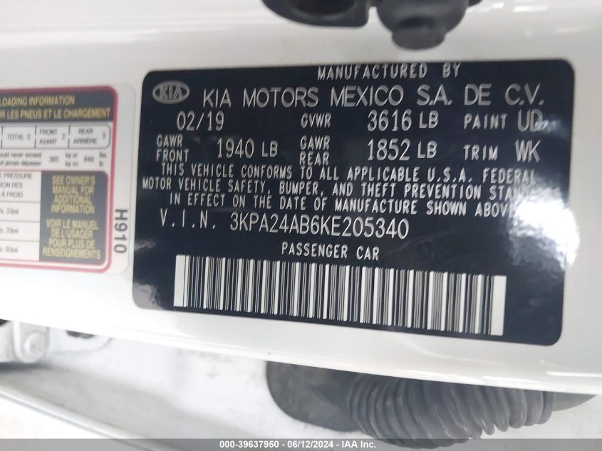 2019 Kia Rio S VIN: 3KPA24AB6KE205340 Lot: 39637950