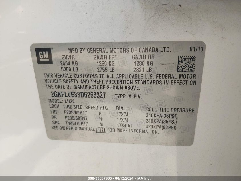 2013 GMC Terrain Slt-1 VIN: 2GKFLVE33D6263327 Lot: 39637965