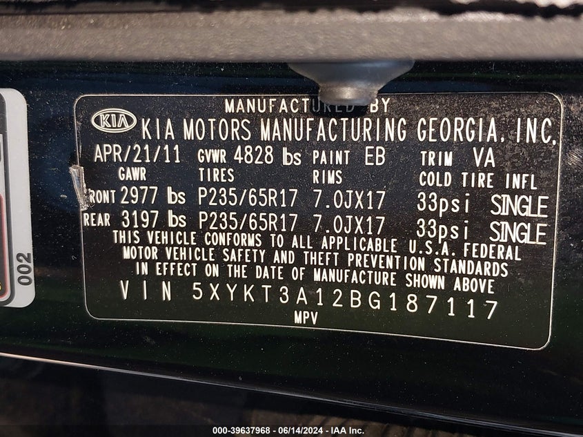 2011 Kia Sorento Lx VIN: 5XYKT3A12BG187117 Lot: 39637968