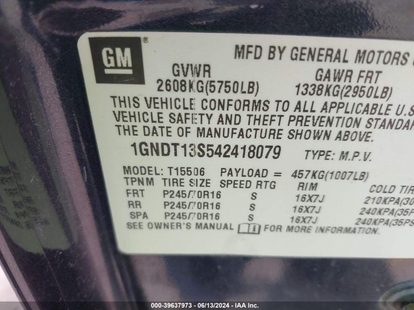 2004 Chevrolet Trailblazer Lt VIN: 1GNDT13S542418079 Lot: 39637973