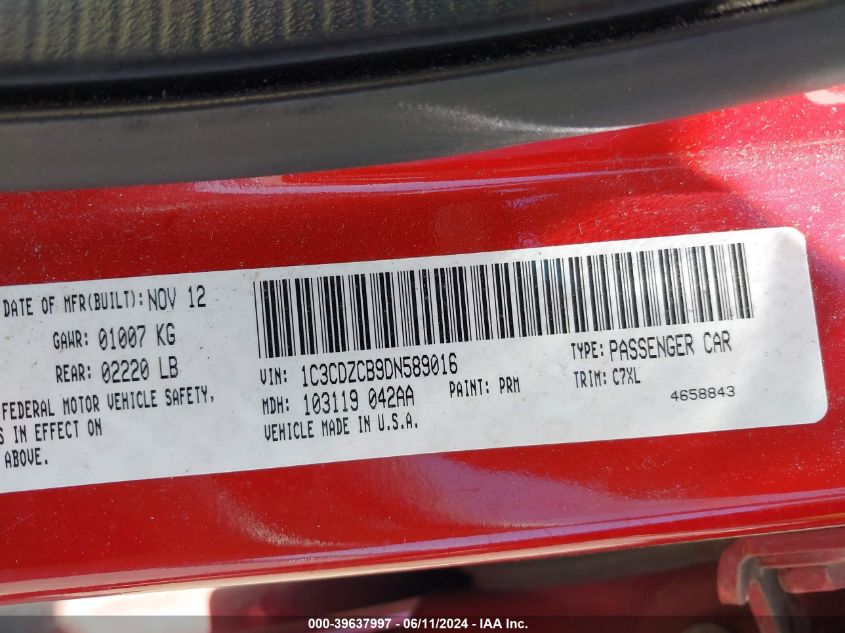 2013 Dodge Avenger Sxt VIN: 1C3CDZCB9DN589016 Lot: 39637997