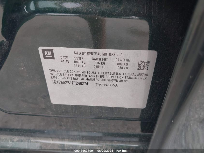 2015 Chevrolet Cruze 2Lt Auto VIN: 1G1PE5SB1F7240274 Lot: 39638001
