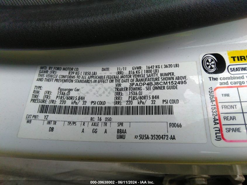 2012 Ford Fiesta Se VIN: 3FADP4BJ8CM152495 Lot: 39638002