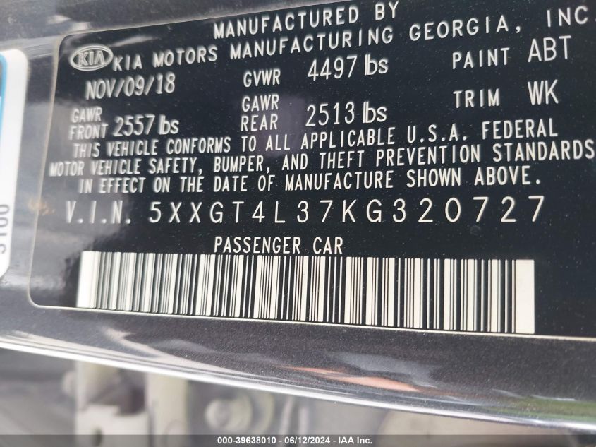 2019 Kia Optima Lx VIN: 5XXGT4L37KG320727 Lot: 39638010