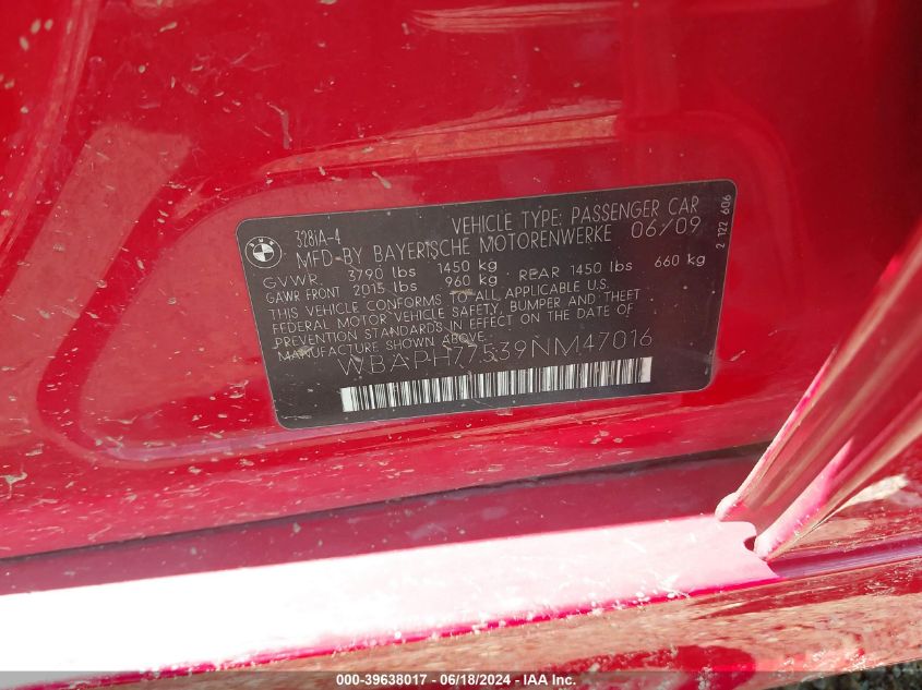 2009 BMW 328I VIN: WBAPH77539NM47016 Lot: 39638017
