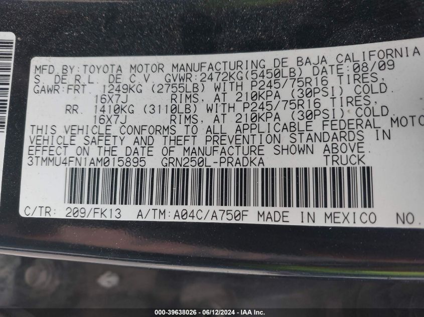 2010 Toyota Tacoma Base V6 VIN: 3TMMU4FN1AM015895 Lot: 39638026