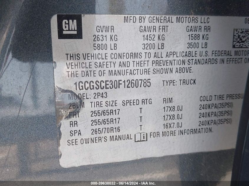 2015 Chevrolet Colorado Z71 VIN: 1GCGSCE30F1260785 Lot: 39638032