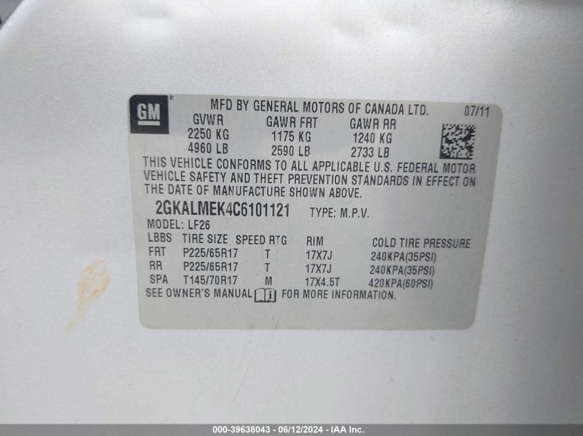 2012 GMC Terrain Sle-1 VIN: 2GKALMEK4C6101121 Lot: 39638043