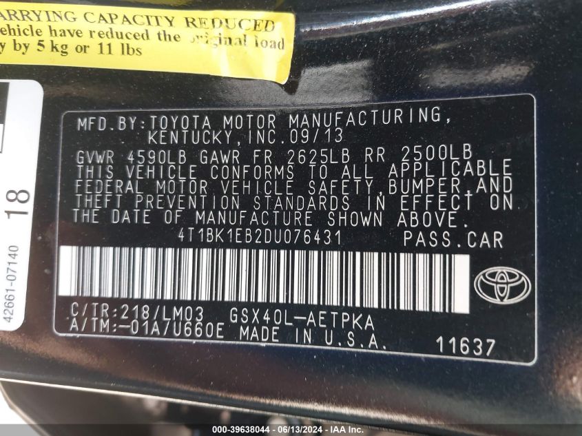 2013 Toyota Avalon Limited VIN: 4T1BK1EB2DU076431 Lot: 39638044