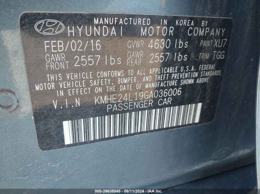 2016 Hyundai Sonata Hybrid Se VIN: KMHE24L19GA036006 Lot: 39638045