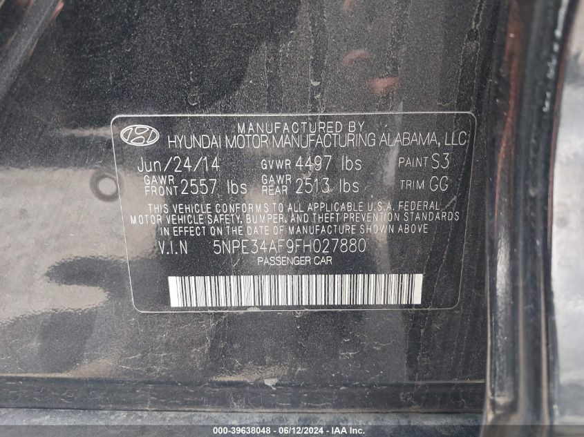 2015 Hyundai Sonata Sport VIN: 5NPE34AF9FH027880 Lot: 39638048