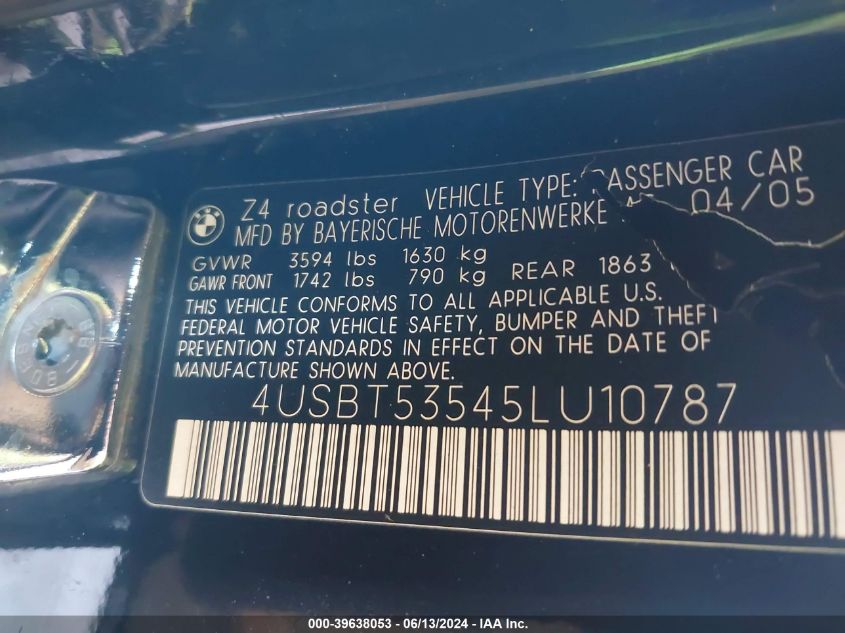 2005 BMW Z4 3.0I VIN: 4USBT53545LU10787 Lot: 39638053