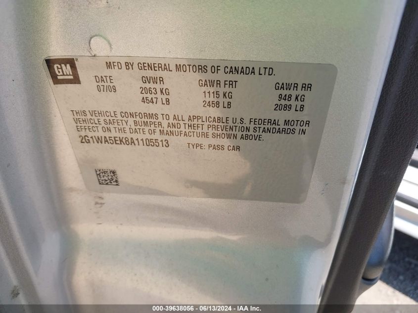 2010 Chevrolet Impala Ls VIN: 2G1WA5EK8A1105513 Lot: 39638056