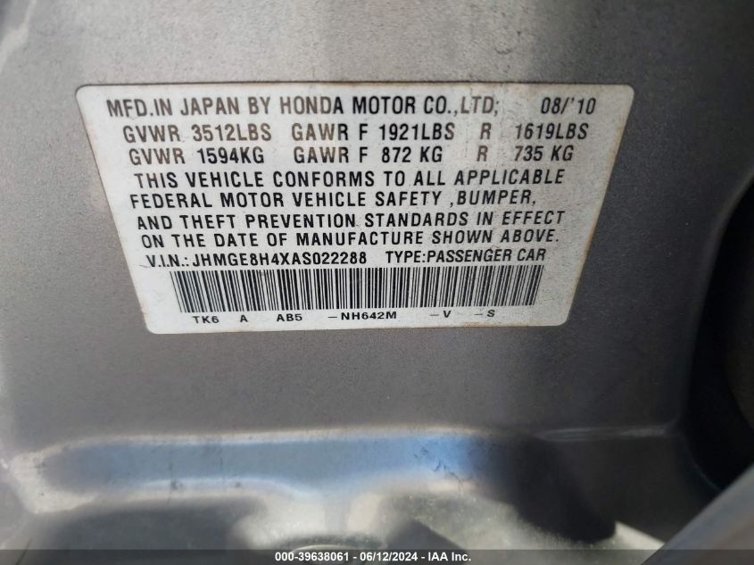 JHMGE8H4XAS022288 | 2010 HONDA FIT