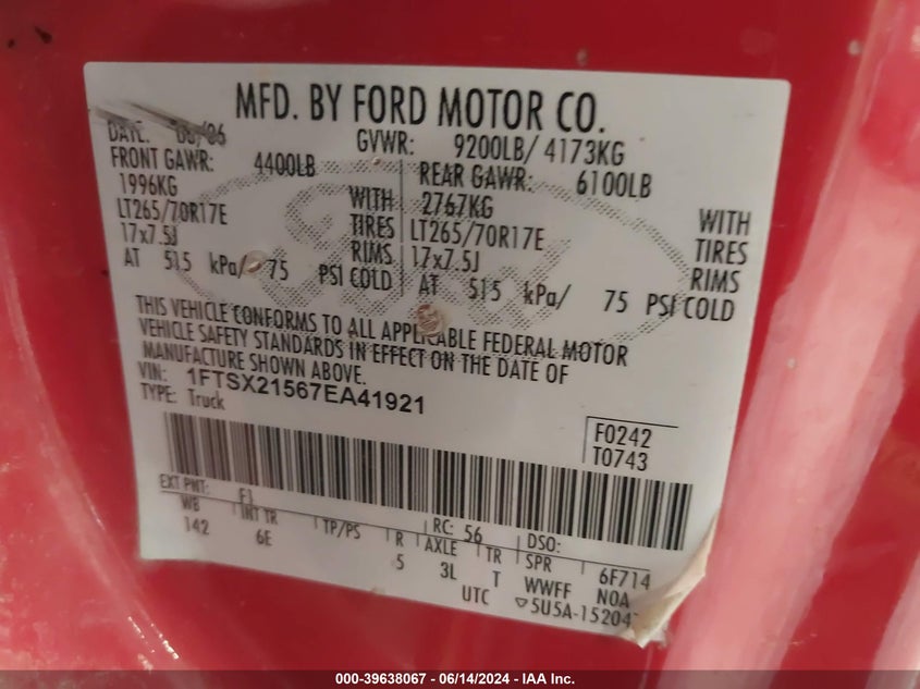 2007 Ford F-250 Lariat/Xl/Xlt VIN: 1FTSX21567EA41921 Lot: 39638067