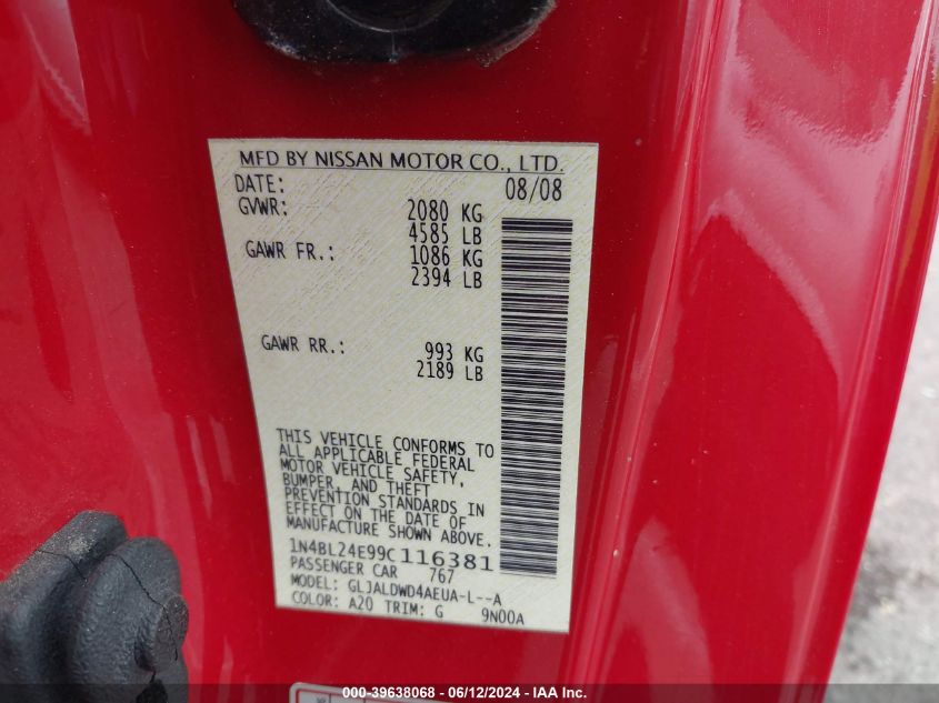 2009 Nissan Altima 3.5 Se VIN: 1N4BL24E99C116381 Lot: 39638068