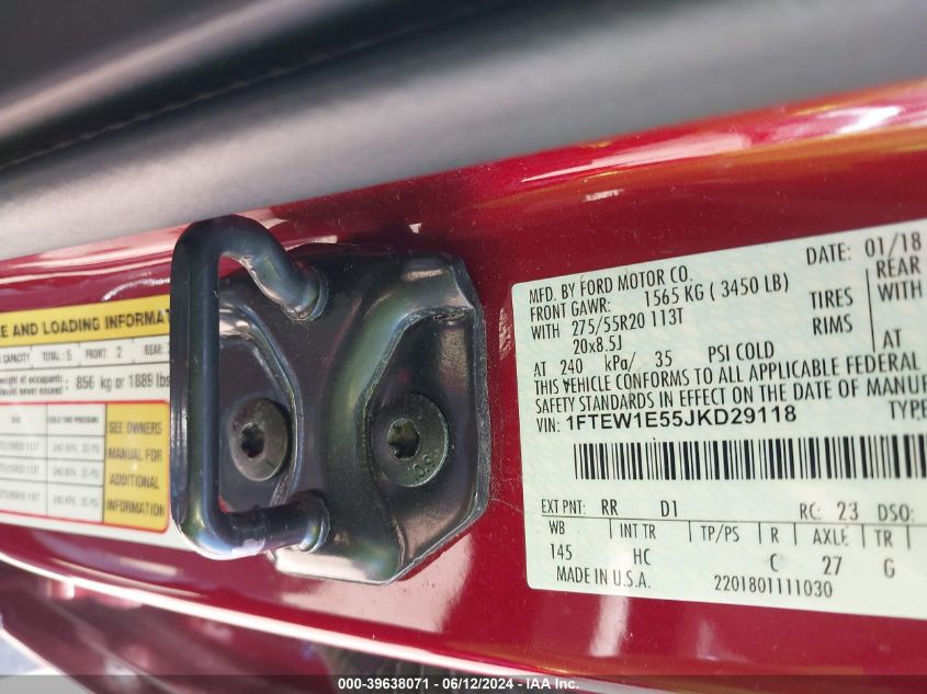 2018 Ford F-150 Lariat VIN: 1FTEW1E55JKD29118 Lot: 39638071