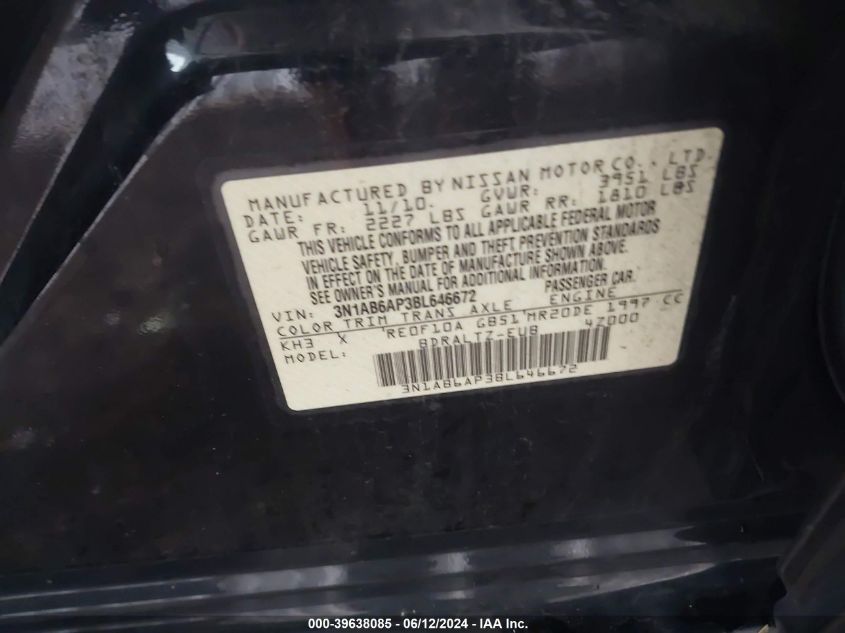 2011 Nissan Sentra 2.0Sr VIN: 3N1AB6AP3BL646672 Lot: 39638085