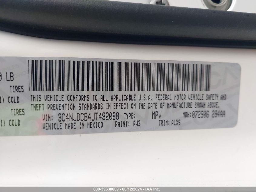 2018 Jeep Compass Limited 4X4 VIN: 3C4NJDCB4JT492088 Lot: 39638089