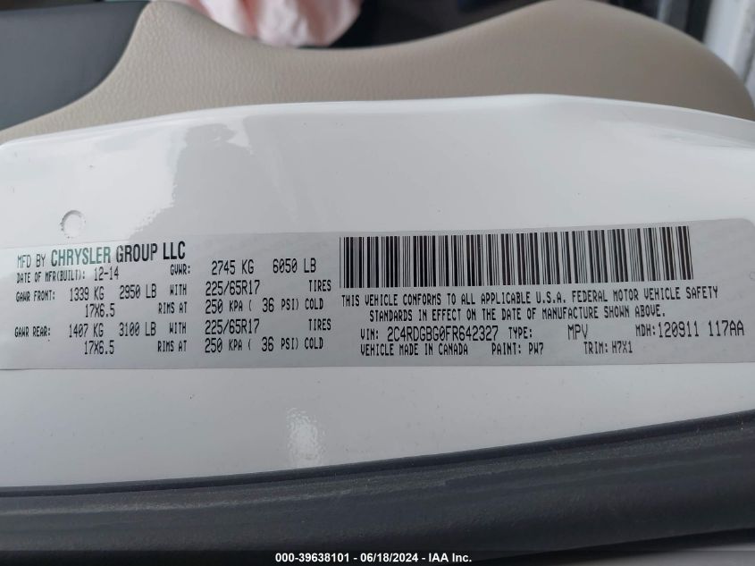 2015 Dodge Grand Caravan Se VIN: 2C4RDGBG0FR642327 Lot: 39638101