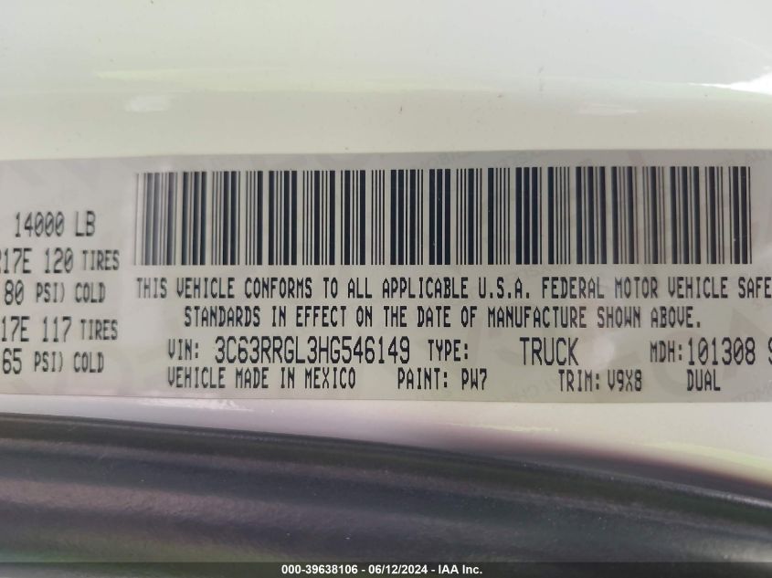 2017 Ram 3500 Tradesman 4X4 8' Box VIN: 3C63RRGL3HG546149 Lot: 39638106
