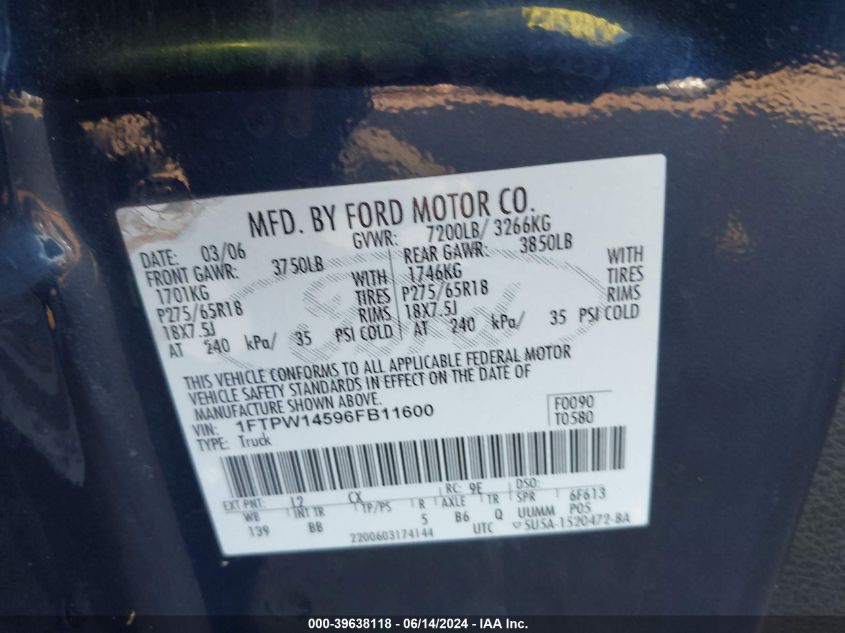 2006 Ford F-150 Fx4/Lariat/Xlt VIN: 1FTPW14596FB11600 Lot: 39638118