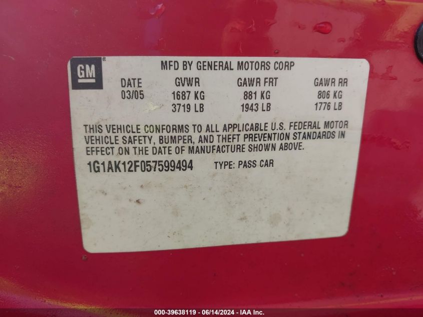 2005 Chevrolet Cobalt VIN: 1G1AK12F057599494 Lot: 39638119