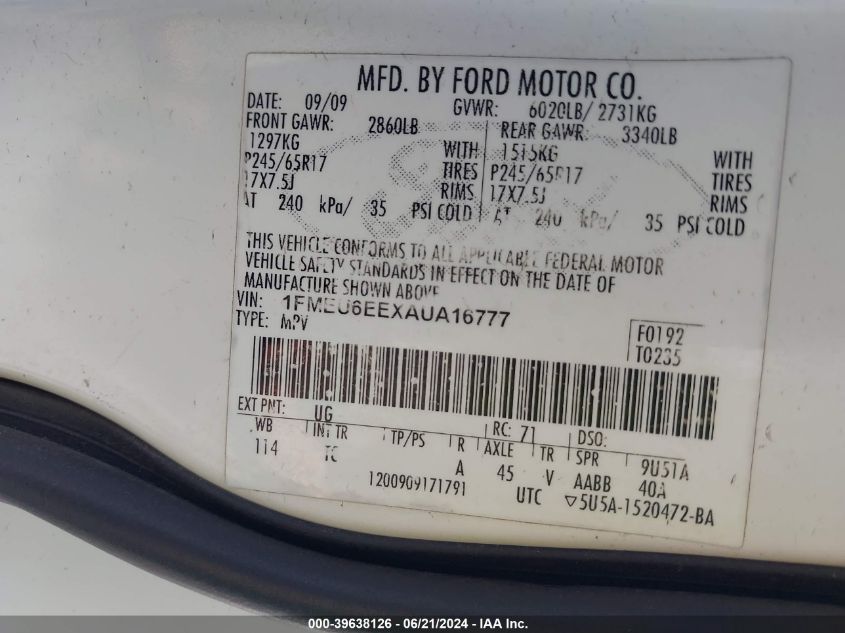 2010 Ford Explorer Eddie Bauer VIN: 1FMEU6EEXAUA16777 Lot: 39638126