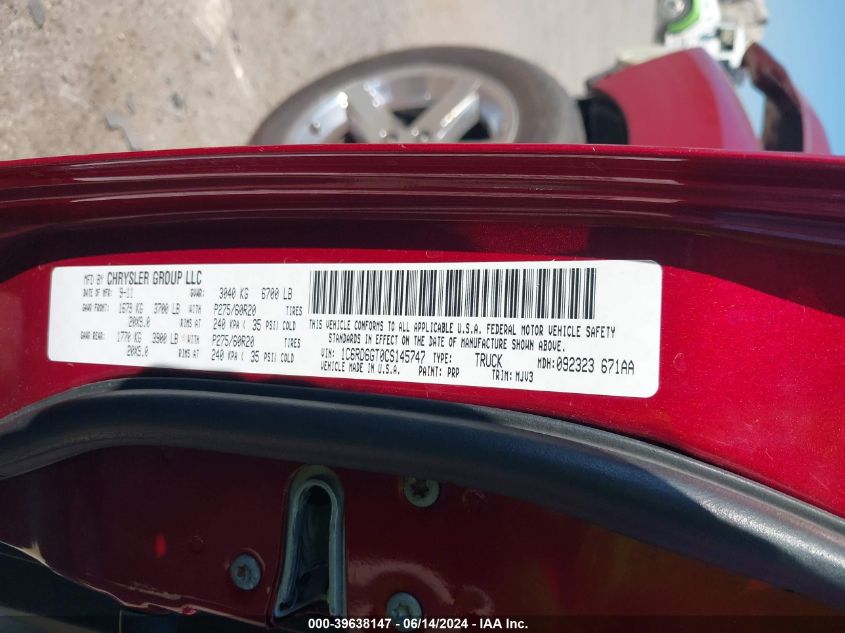 2012 Ram 1500 Slt VIN: 1C6RD6GT0CS145747 Lot: 39638147