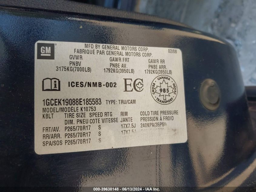 2008 Chevrolet Silverado 1500 Lt1/Lt2/Ltz/Work Truck VIN: 1GCEK19088E185583 Lot: 39638148