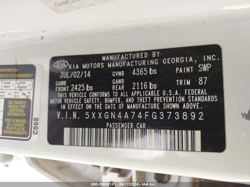 2015 Kia Optima Ex VIN: 5XXGN4A74FG373892 Lot: 39638151