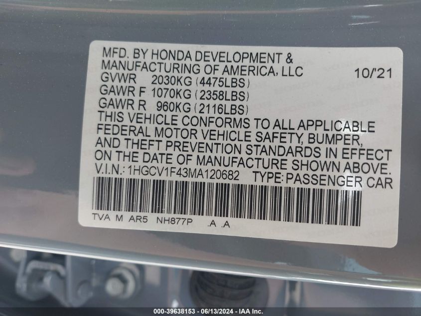 1HGCV1F43MA120682 2021 Honda Accord Sport Special Edition