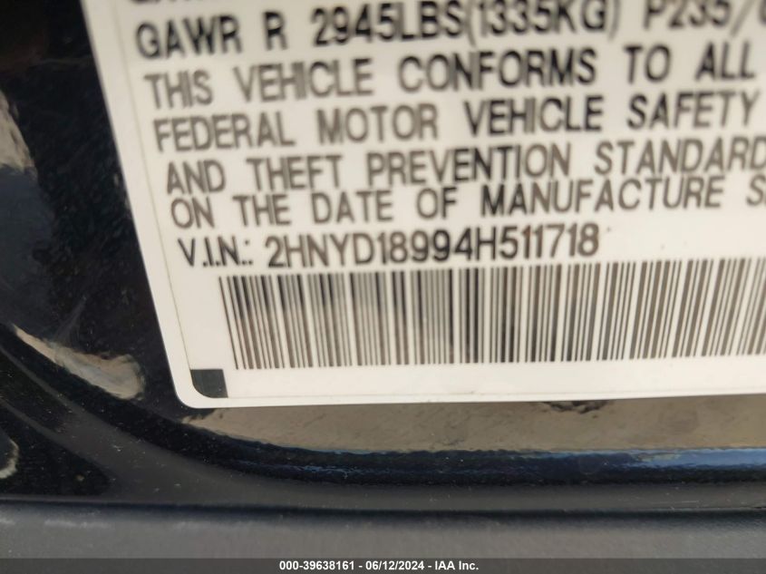 2004 Acura Mdx VIN: 2HNYD18994H511718 Lot: 39638161