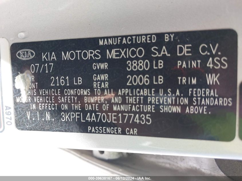 2018 Kia Forte Lx VIN: 3KPFL4A70JE177435 Lot: 39638167