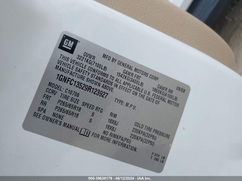 2009 Chevrolet Tahoe Hybrid VIN: 1GNFC13529R123927 Lot: 39638179