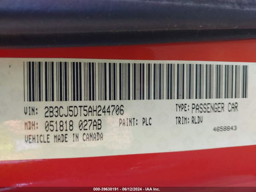 2010 Dodge Challenger R/T VIN: 2B3CJ5DT5AH244706 Lot: 39638191