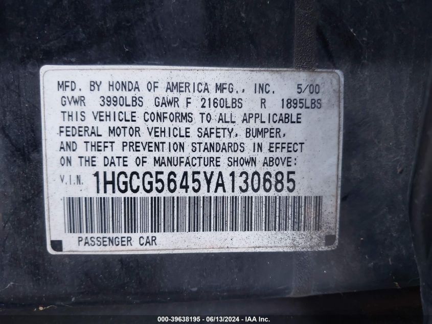 2000 Honda Accord 2.3 Lx VIN: 1HGCG5645YA130685 Lot: 39638195